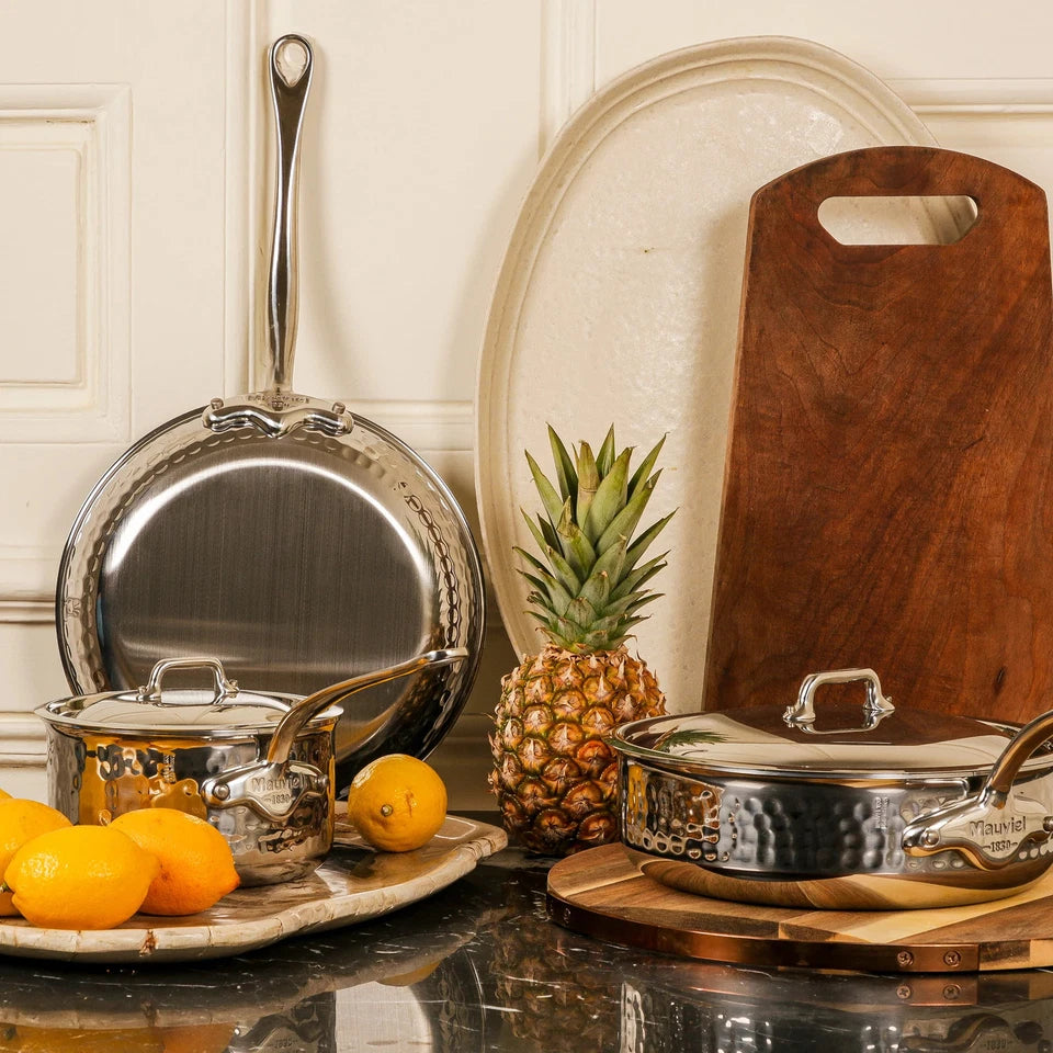 Mauviel M'ELITE Hammered Sauce Pan w/ lid, Cast Stainless Steel Handles, 2.6-Qt