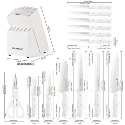15 Pieces White Stainless Steel Kitchen Knife Set with Wooden Block